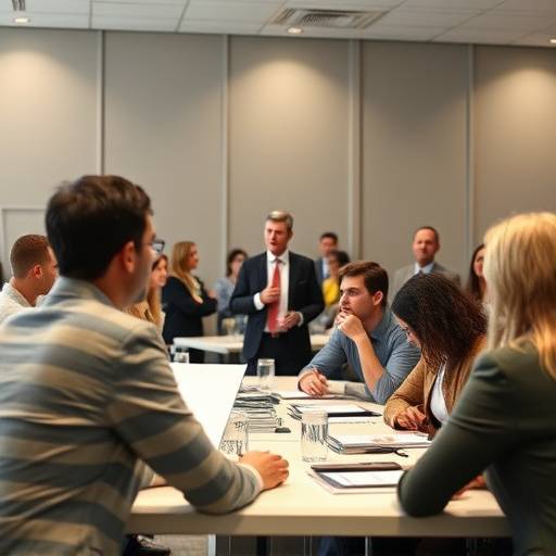 Equipo de profesionales participando activamente en un taller de oratoria corporativa, intercambiando ideas y practicando presentaciones.