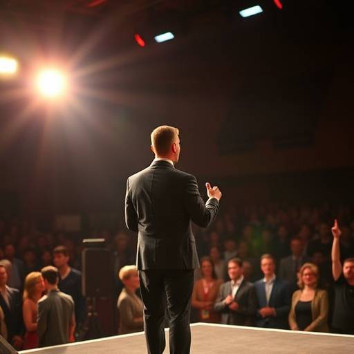 Orador profesional impartiendo un discurso en un escenario iluminado, con el püblico atento y receptivo.